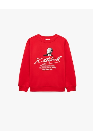 Koton Atatürk Baskılı Uzun Kollu Bisiklet Yaka Pamuklu Sweatshirt Kırmızı 7wkg10705ak