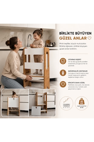 Güvenlik Panelli Öğrenme Kulesi Bebek Ve Çocuk Öğrenme Kulesi Beyaz-safir Meşe