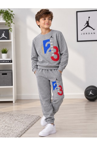 Alkın Kids 10-14 Yaş Erkek Çocuk %100 Pamuklu İki İplik Şardonlu Jordon Baskılı Uzun Kollu Alt-üst Takım Gri