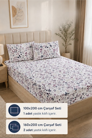 Desenli Lastikli Çarşaf Takımı Fitted Çarşaf Ve Yastık Kılıflı Seti Tek-çift Kişilik Mor