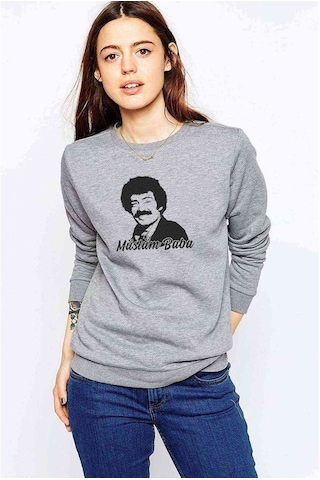 Müslüm Baba Baskılı Gri Kadın Sweatshirt