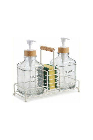 Makri Home Lüks Bambu Kulplu Beyaz Metal Stantlı İkili Cam Sıvı Sabunluk 500 Ml, 23x9x23,5 Cm
