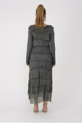 Italyan 2 Beden İnce Gösteren Kat Kat Uzun Kol Taşlanmış İpek Elbise Koyu Haki