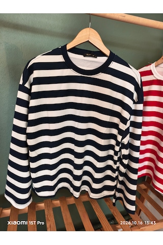 Trendall Lacivert Çizgili Beyaz Renk Basic Uzun Kollu Tshirt