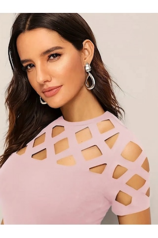 Modaserdem Kadın Kısa Kollu Baklava Desen Lazer Kesim Ithal Krep Bluz Pembe
