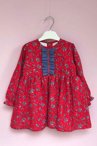 Çiçekli Ve Fırfır Detaylı Nar Çiçeği Ve Mavi Kız Çocuk Bebek Pamuklu Elbise 001