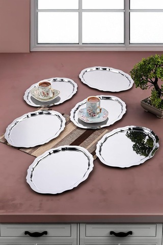 6 Adet Oval Dalgalı Sade Kahve Ve Sunum Tepsisi 20 Cm X 25 Cm, Gümüş