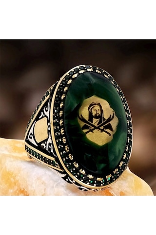 Hz. Ali Ve Zülfikar Motifli Sıkma Kehribarlı Gümüş Erkek Yüzük