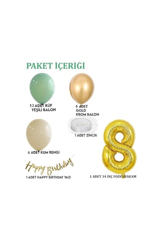 8 Yaş Küf Yeşili Deniz Kumu Ve Krom Gold Balonlu Konsept Doğum Günü Seti