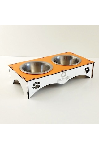 Petmagic 2'li Mama Kabı Ikili Ahşap-Çelik Mama Kabı Turuncu