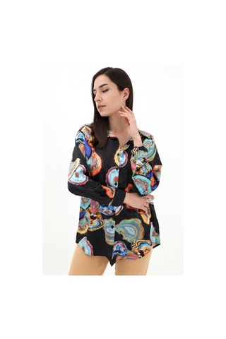 Desenli Saten Gömlek - Siyah-siyah Siyah