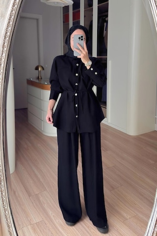 Ka Hijab Bağcıklı Bluz Pantolon Takım - Siyah