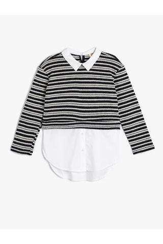 Koton Gömlek Detaylı Sweatshirt Çift Kumaş Detaylı Lacivert Çizgili 5wkg10350ak 7s2