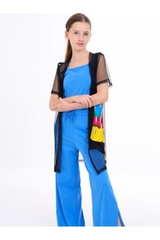 Kız Çocuk İçi Askılı Üstü Uzun Tül Hırka-14196 Siyah