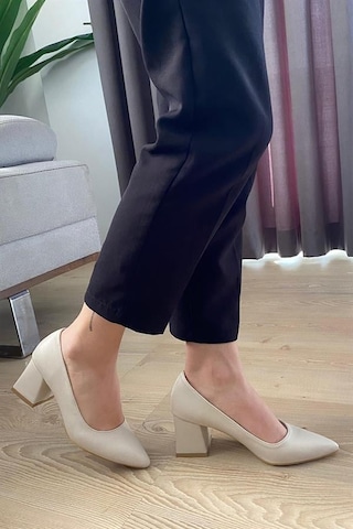 Kadın Krem Cilt 6,5 Cm Kalın Topuklu Stiletto Krem