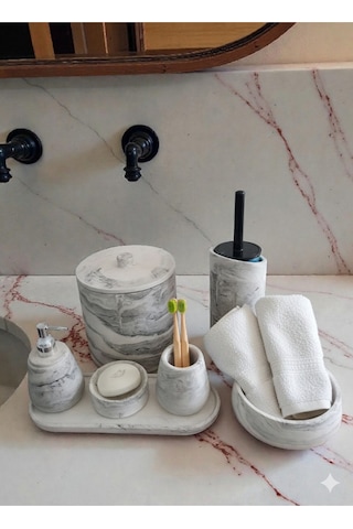 Mermer Desen Tam Beton Banyo Seti Tuvalet Wc Sıvı Sabunluk Diş Fırçalığı Aksesuar Takım Gri