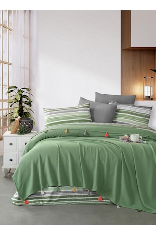 Valeria Tassel Yeşil Renkli Çift Kişilik Püsküllü Pike Takımı