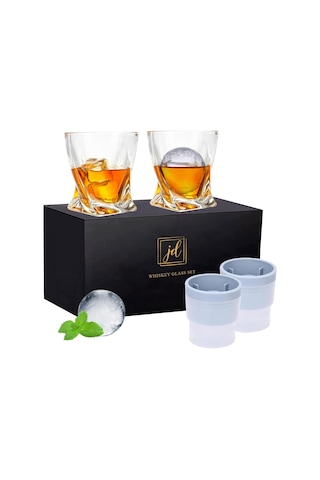 Viski Kayaları Bardak Seti Hediye Kutusunda - 2 Kristal Bourbon Bardağı Ve 2 Büyük Buz Topu Kalıbı İçerir - 325