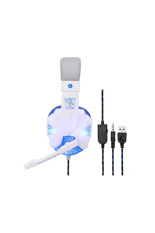 Gajeena Sy830mv Beyaz-mavi Oyun Kulaklığı: 40mm Sürücü, Ayarlanabilir Mikrofon, Ses Kontrolü, Led Işık, Aux+usb Bağlantı