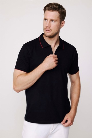 Tudors Erkek Slim Fit Dar Kesim %100 Pamuk Düz Pike Fermuarlı Siyah Polo Yaka Tişört-27685 Siyah