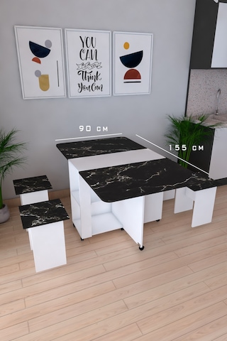 Pratik Katlanır Açılır Kapanır Katlanabilir Taşınabilir Siyah Yemek Masası 4 Kişilik Balkon Masası Siyah Mermer
