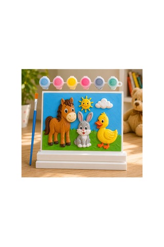 Suya Dayanıklı Mermer Tozu Boyama Seti Standlı Sevimli Hayvanlar Çocuk Boyama Tablosu 18x13 Cm Boya Emmez, Özel Formül
