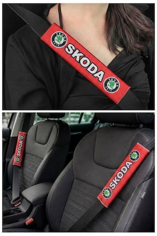 Skoda Araçlar İçin Siyah Oto Konfor Seti 5 Parça Oto Halı Paspas & Kırmızı Araç Yastık - Emniyet Kemer Pedi