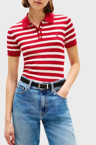 Tommy Hilfiger Çizgili İpek Karışımlı Kısa Kollu Düğmeli Polo Yaka Kazak Bayan Polo Yaka Kazak Ww0ww48503 04w Kırmızı-beyaz