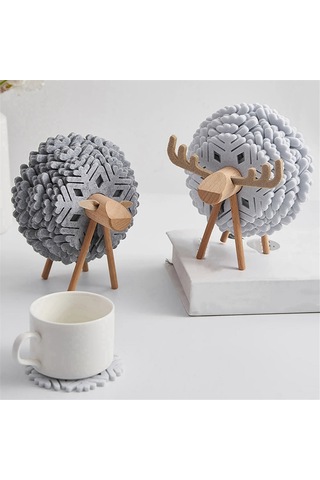 Koyun Şeklinde İçecek Altlıkları Bardak Altlıkları Yalıtımlı Yuvarlak Keçe Gri Gri