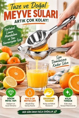 Büyük Boy Döküm Metal Narenciye Sıkacağı Portakal Limon Manuel Meyve Suyu Presi 23 Cm Çelik Renk Tip Gümüş