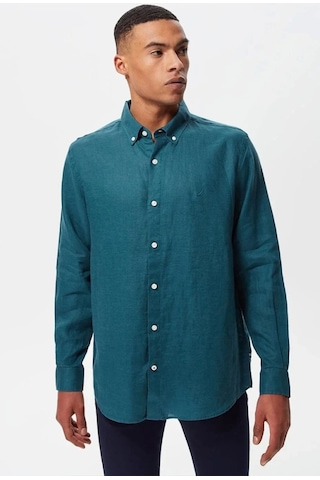 Nautica Erkek Yeşil Classic Fit Uzun Kollu Keten Gömlek Yeşil