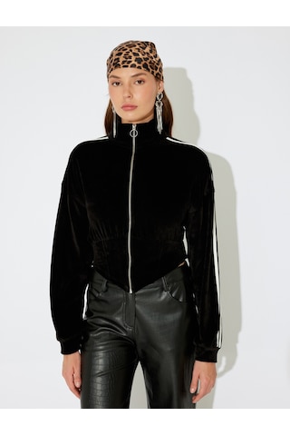 Koton Kadife Fermuarlı Şerit Detaylı Dik Yaka Asimetrik Crop Sweatshirt Siyah 5wal10782ık Siyah