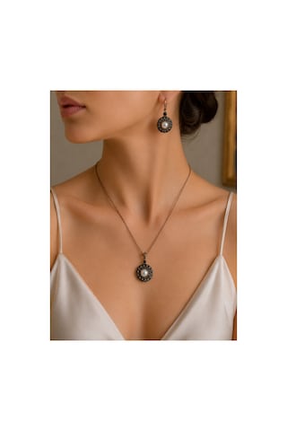 Kristal Taşlı Yuvarlak İnci Kolye Ve İnci Küpe Seti Beyaz 42832057