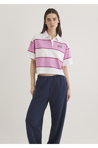 Mavi - Mavi Logo Baskılı Pembe Çizgili Polo Tişört, 1613005-89359 Pembe