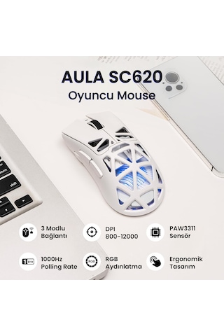 Aula Sc620 Paw3311 Sensör 12000 Dpı 1000hz Kablolu Ve Kablosuz Gaming Oyuncu Mouse Beyaz Sc620