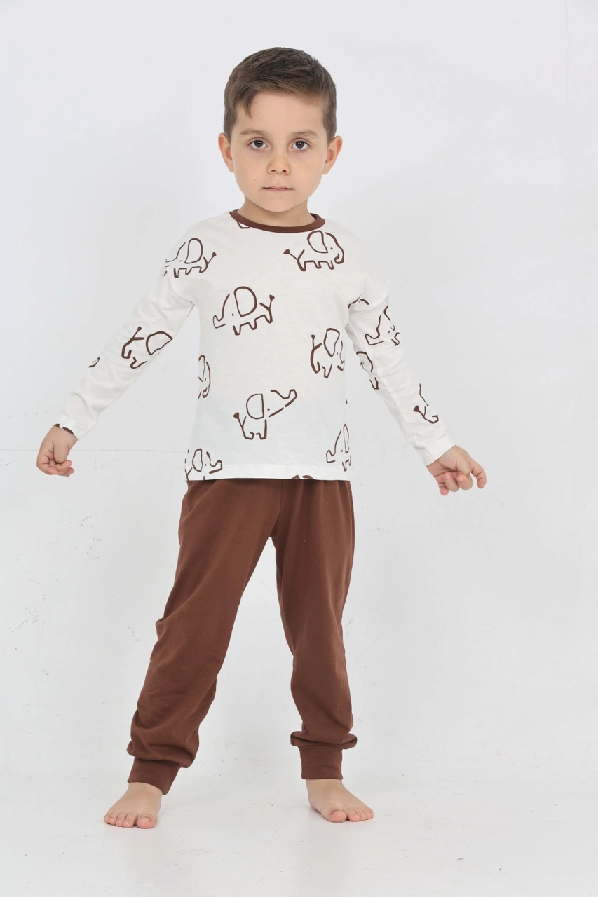 Toontoy Kids Toontoy Erkek Çocuk Fil Pano Baskılı Pijama Takım Kahve
