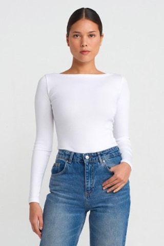 Madmext Ekru Kayık Yaka Uzun Kollu Kadın Top Body Mg2267 Ekru