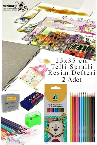 12 Renk Adel Kuru Boya 25x35 Cm Telli Spralli Resim Defteri Hamur Silgi Kalemtraş 15 Yaprak Resim Defteri Kuruboya Kalem Çok Renkli