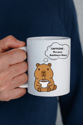 Caffeine Because Adulting İs Hard Yazılı Kupa Model 207 Komik Tasarım Seramik Kahve Kupası Hediye Seçeneği Düz Renkli
