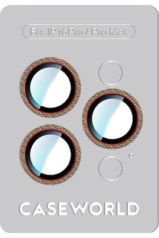 Apple Uyumlu   iPhone 16 Pro Caseworld Karbon Fiber Serisi Anti Reflective Kamera Lens Koruyucu Gold-kırmızı