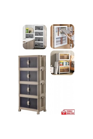 Piev Emayhome Çok Amaçlı Kapaklı İstiflenebilir Organizer Dolap 4 Lü Cappuccino