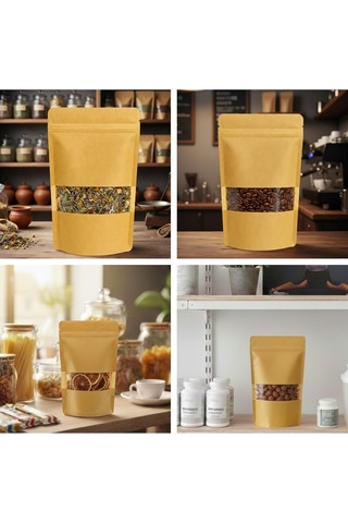 Kraft Pencereli Doypack Kilitli Stand Up Pouch, Gıda Uyumlu, Yeniden Kapanabilir Zipli 100, 11x18,5 Kahverengi