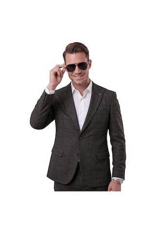 Deepsea Füme Kare Desenli Slim Fit Erkek Takım Elbise Çift Düğme Çift Yırtmaç 2 Li Takım 2601812
