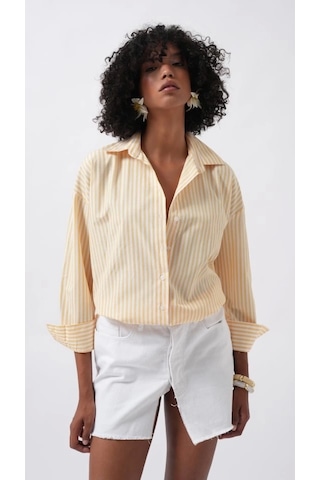 Defymoda Çizgili Detay Oversize Gömlek Sarı