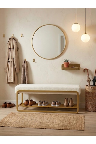 Line Modern Bench Puf Gold Metal 120 Cm - Antre, Giriş Holü, Ofis İçin Şık Dekoratif Bench Krem