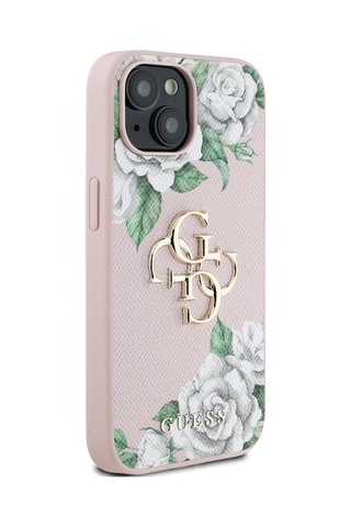 Apple Uyumlu iPhone 15 Kılıf Guess Lisanslı Gül Baskılı Büyük Metal Logo Dizaynlı Kapak Pembe