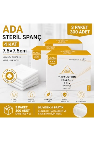 Ada Steril Spanç 4 Kat 7,5 x 7,5cm 100'Lü 3 Paket