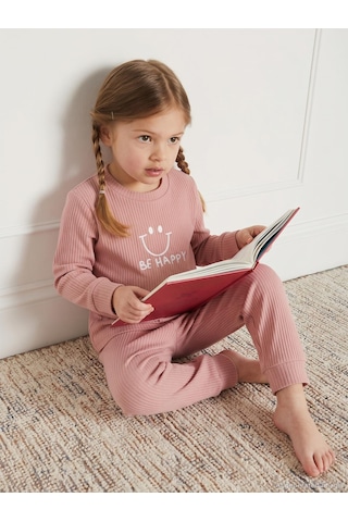 Minidamla Gülen Yüz Baskılı 1-7 Yaş Pijama Takımı - Pembe Gül Kurusu