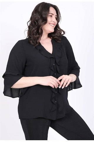 Myline Kadın Önü Fırfırlı Kolları Volanlı Bluz 45441 Siyah