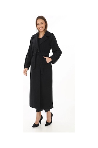 Kadın Uzun Kaşe Kaban Yünlü Dokuma Kaşmir Kumaş, Kruvaze Yaka, Kuşaklı Astarlı Tesettür Uyumlu Şık Siyah